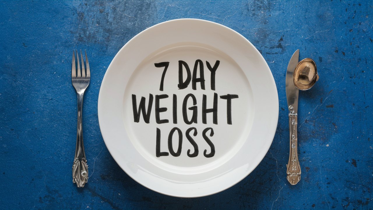 7 day weight loss plan written on a plate with a fork and a spoon lying on the sides