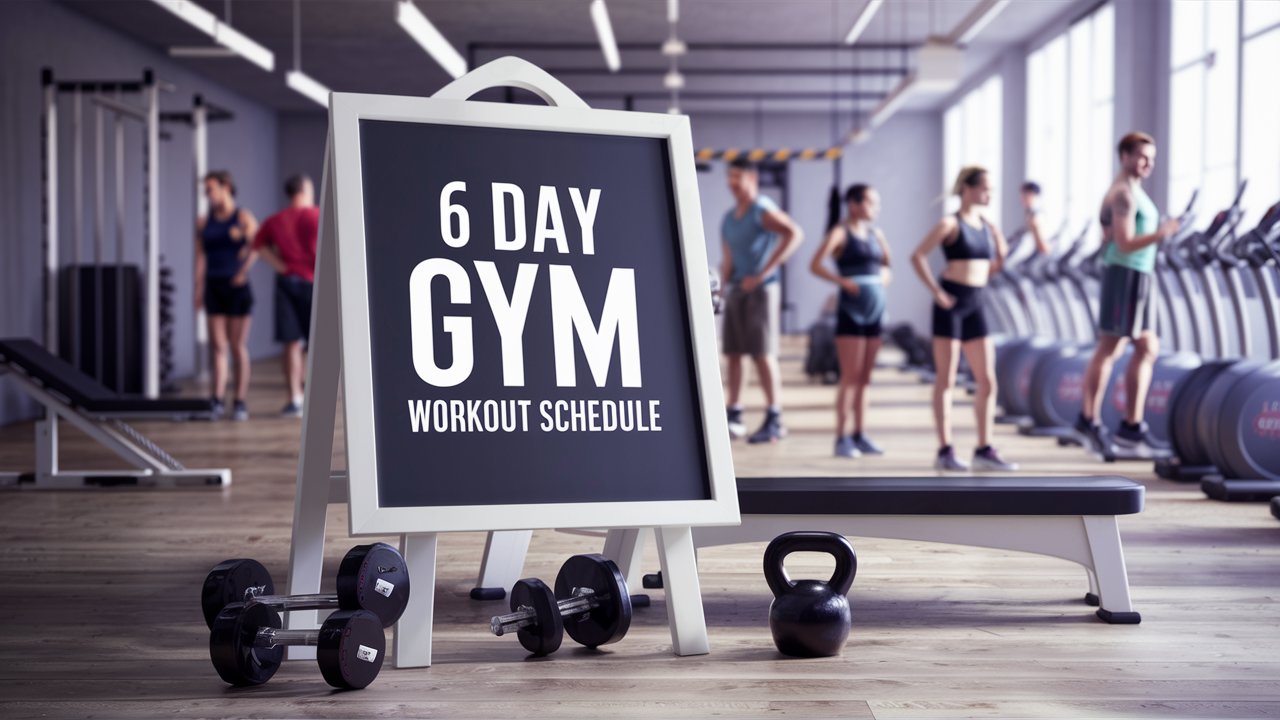 6 day gym workout schedule written on a chalkboard in a gym