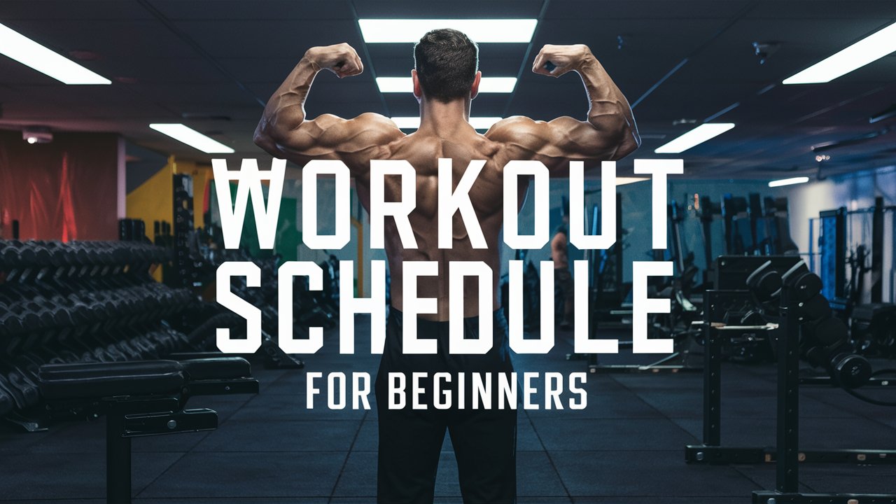 Workout schedule for beginners written in a gym background with a muscular athlete.