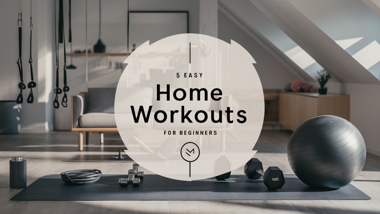 "5 easy home workouts for beginners" written in a sleek and modern home