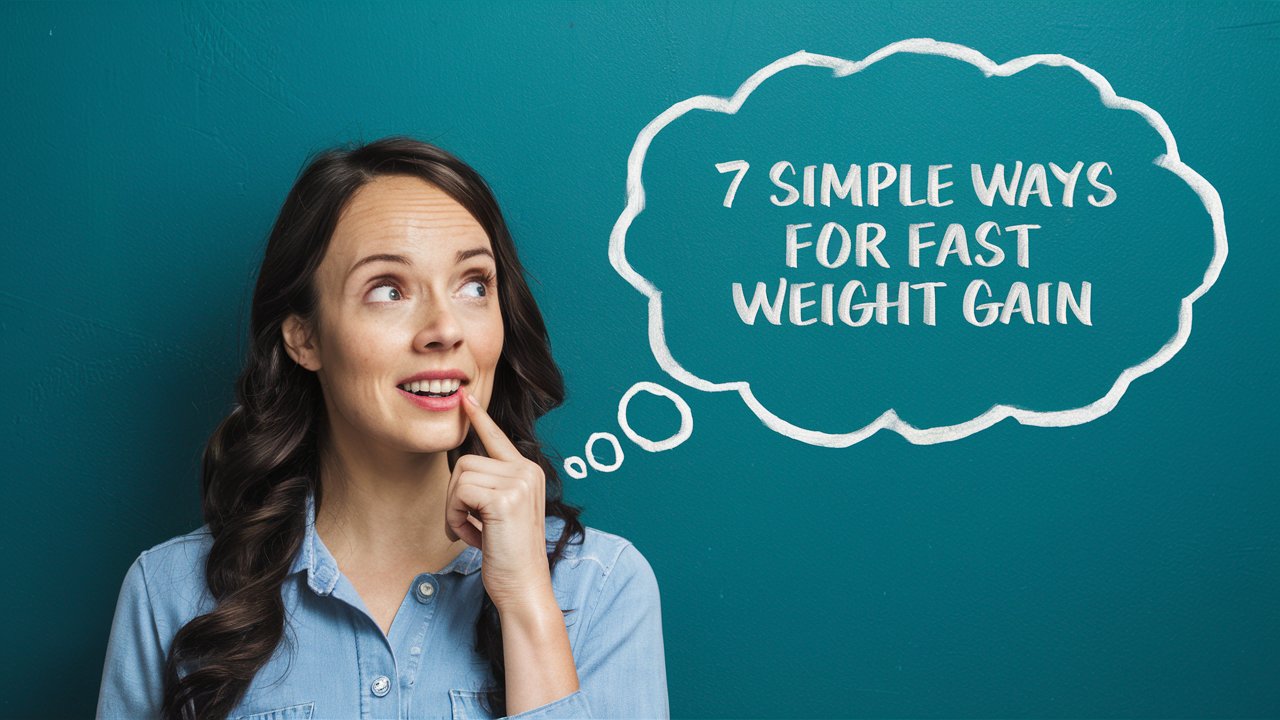 women thinking "7 Simple Ways for Fast Weight Gain" written in a bubble.
